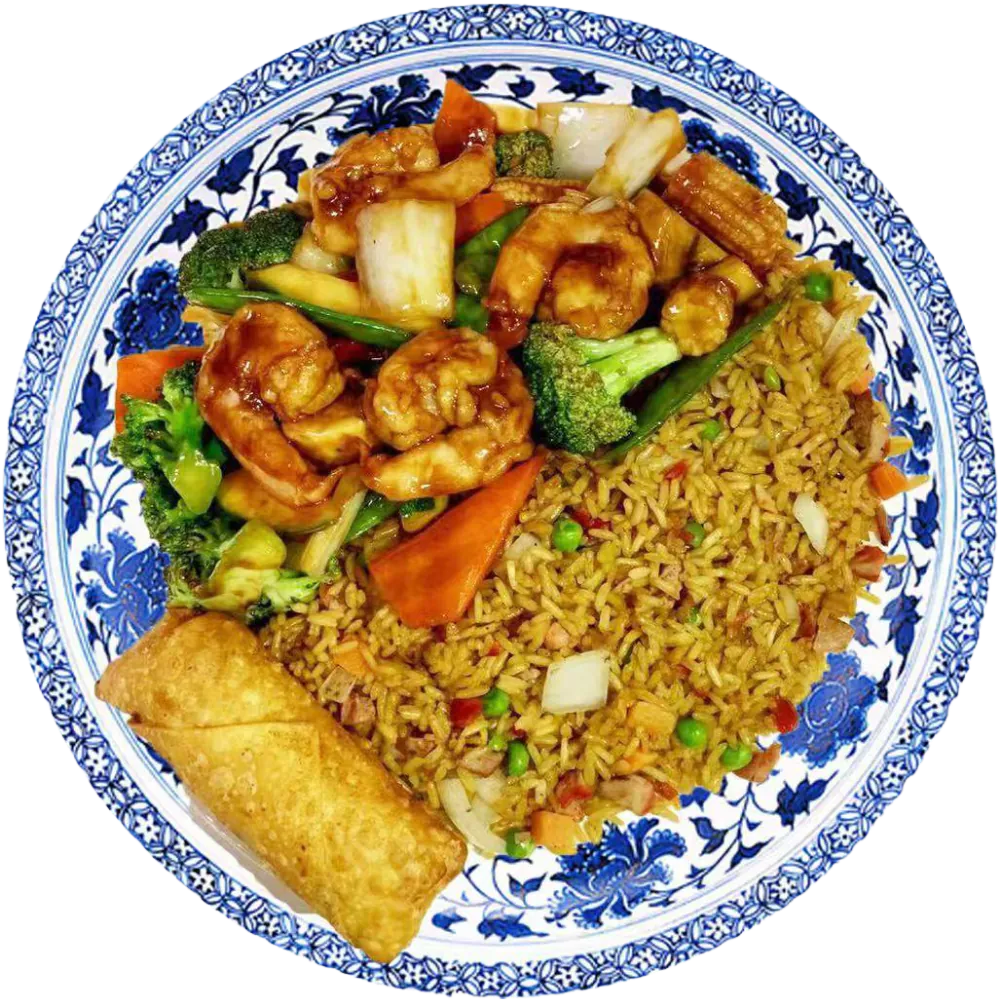 Chicken & broccoli combo with fried rice and egg roll at New Panda 2, a Chinese Restaurant in Gaston