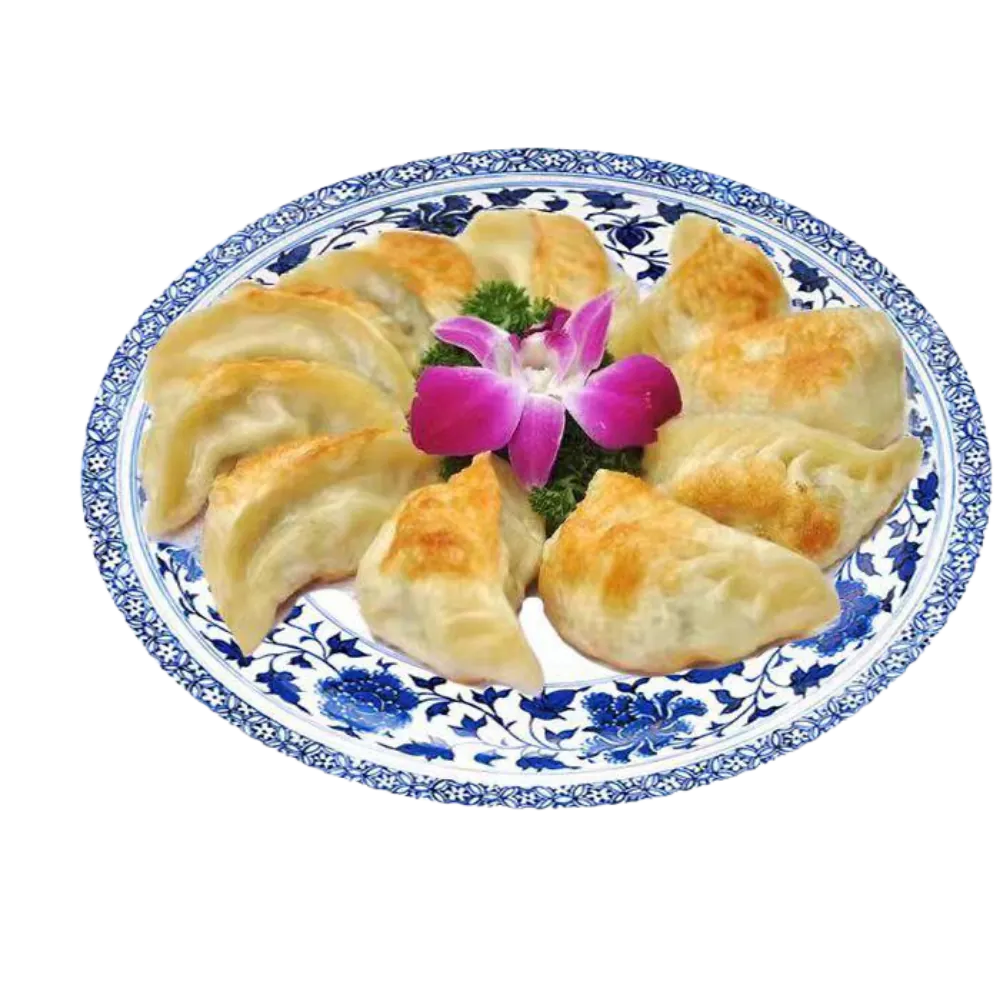 Golden pan-fried dumplings garnished with an orchid at New Panda 2, a Chinese Restaurant in Gaston