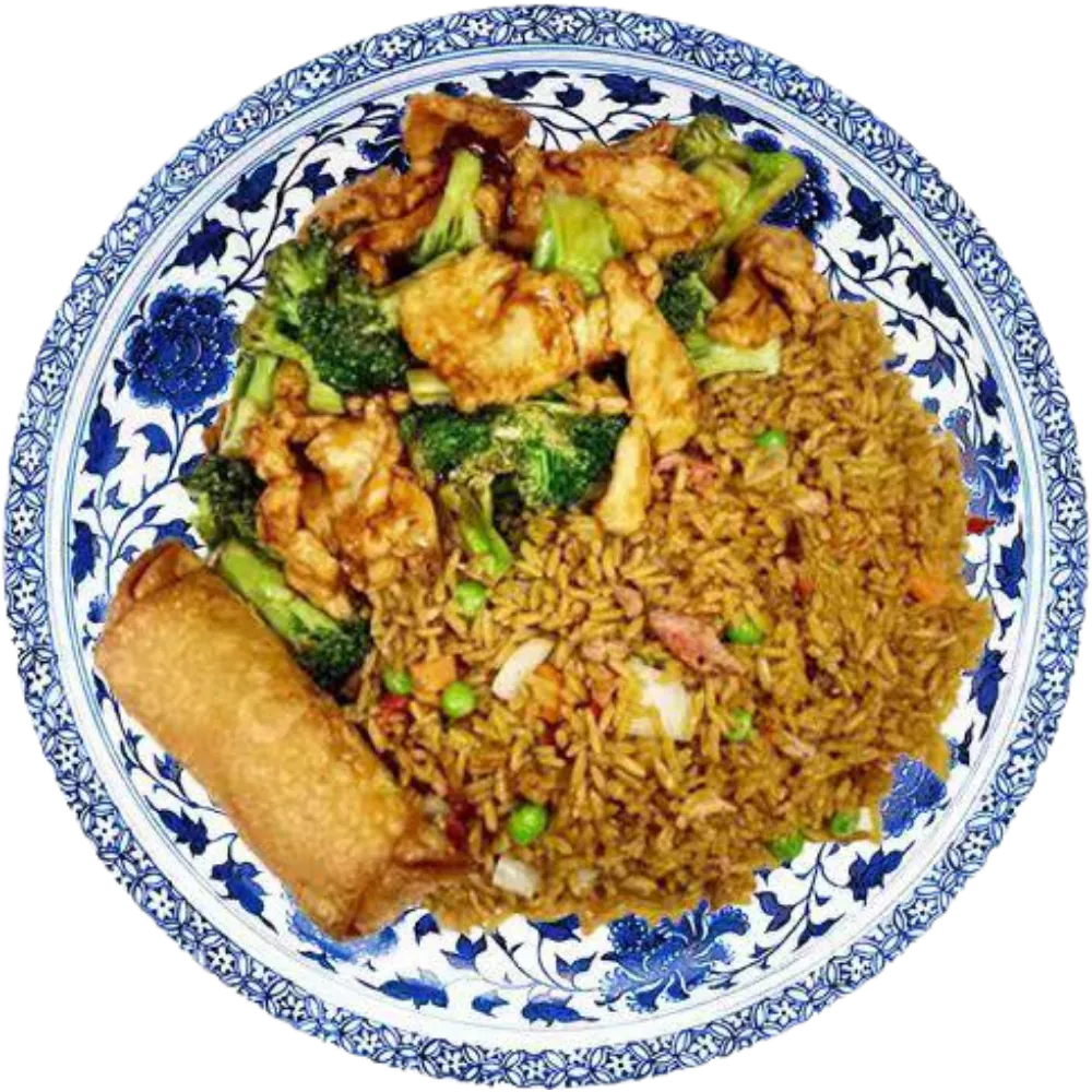 Shrimp stir-fry combo with fried rice and egg roll at New Panda 2, a Chinese Restaurant in Gaston